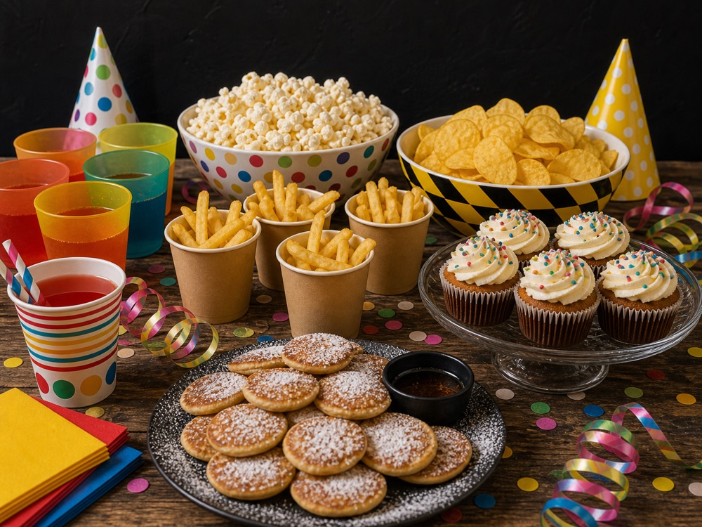Snacks, poffertjes, popcorn en ranja voor een kinderfeestje